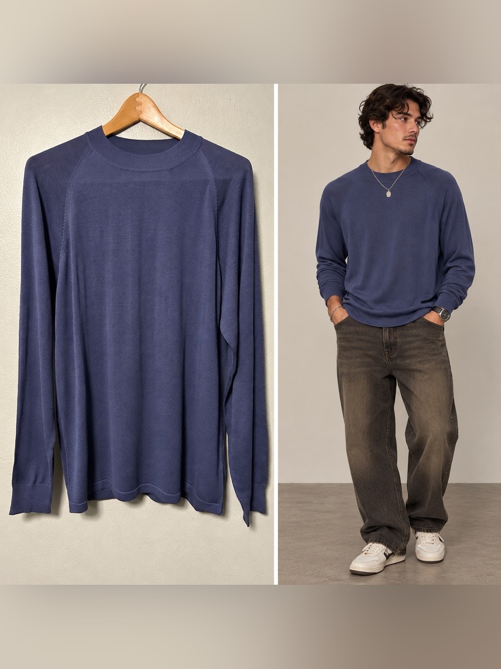Norm Thompson Silk Sweater Mens M Medium Blue Mock Neck Vintage 100% SILK